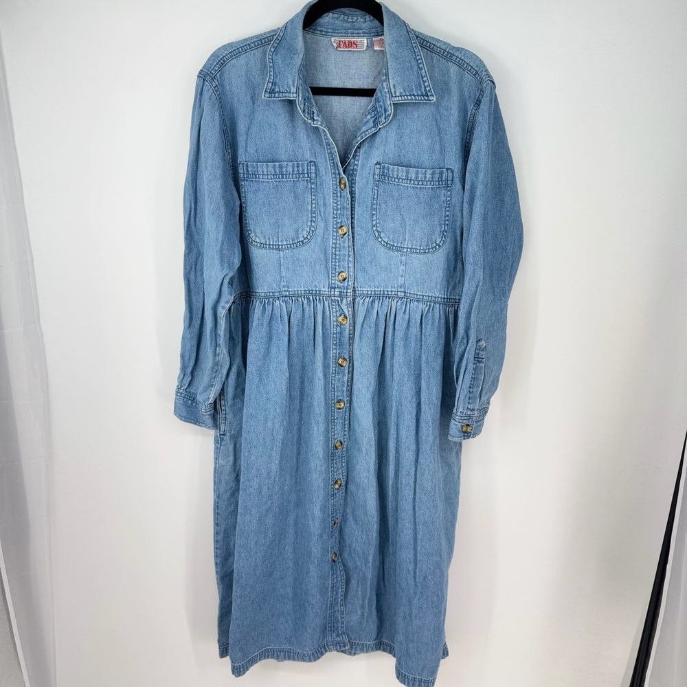 Vintage 1990s Denim Long Sleeve Front Pocket Button-Down Midi Dress